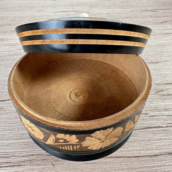 Vintage Carved Wood Round Trinket Box Spice Jar 3.5" H Light & Dark Brown OOAK - Picture 9 of 11